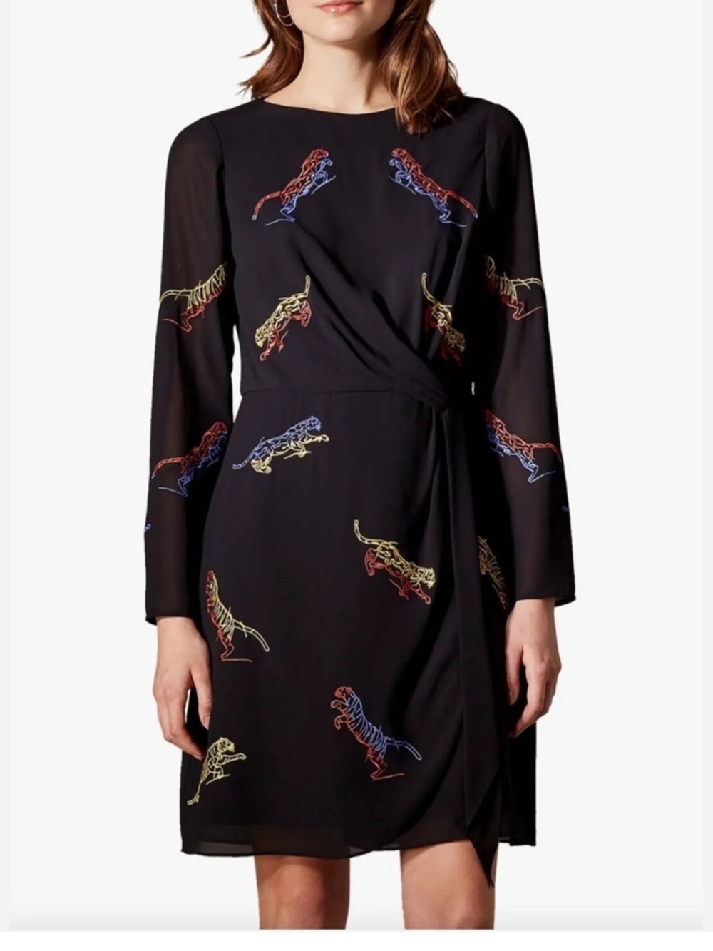 Karen Millen Black Long-Sleeve Tiger Embroidered Wrap Dress